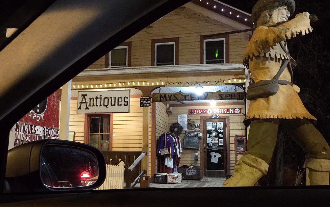 The Mystery Spot at night from inside the car. Davy Crockett on the right; Brio's neon light in the side mirror. Main Street, Phoenicia, NY